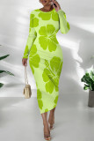 Light Green Elegant Flowers Print Gradient Contrast O Neck Printed Dresses