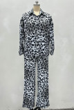 Grey Casual Leopard Print Buckle Strap Design Shirt Collar Long Sleeve Two Pieces