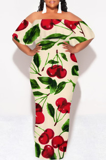 Apricot Sexy Floral Print fruit Ruffle Contrast Off Shoulder Printed Dresses