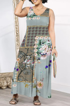 Gray Green Casual Geometric Print Floral Print Pocket Contrast V Neck Loose Jumpsuits