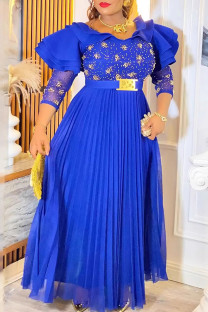 Colorful Blue Casual Solid Color With Belt Pleated Ruffled Trim O Neck A Line Plus Size Dresses
