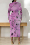 Pink Purple Elegant Geometric Print Bronzing Pattern Contrast O Neck Printed Dresses