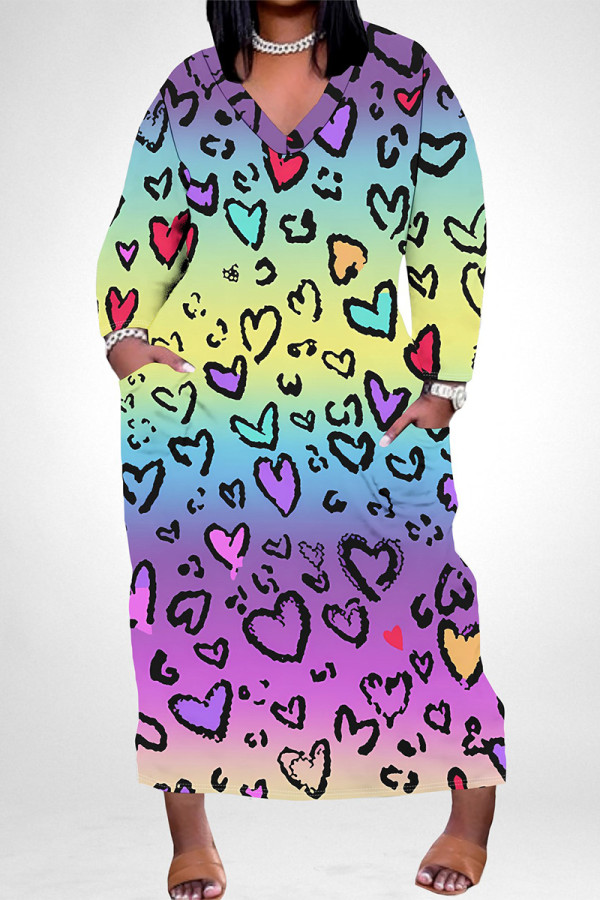 Gradient Color Casual Flowers Love Print Pocket Contrast V Neck Printed Plus Size Dresses