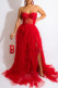 Red Sexy Solid Color Lace See-Through Mesh Strapless Long Dresses