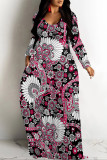 Green Casual Floral Print Pocket Contrast V Neck Printed Dresses