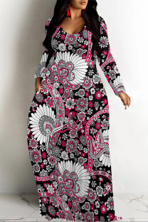 Black Red Casual Floral Print Pocket Contrast V Neck Printed Dresses