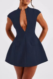 Brown Red Casual Solid Color Patchwork Deep V Neck A Line Dresses