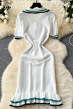 White Sexy Stripe Buttons Patchwork Contrast Turndown Collar Wrapped Skirt Dresses