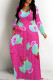 Rose Red Casual Floral Print Pocket Contrast V Neck Printed Dresses