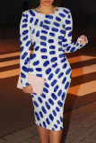 Blue Casual Print Patchwork O Neck Wrapped Skirt Dresses