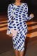 White Blue Casual Print Patchwork O Neck Wrapped Skirt Dresses