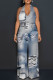 Baby Blue Street Faux Denim Print Pocket Lace Up Backless Halter Loose Jumpsuits