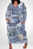 Dark Blue Street Faux Denim Print Pocket Contrast V Neck Printed Plus Size Dresses