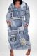 Baby Blue Street Faux Denim Print Pocket Contrast V Neck Printed Plus Size Dresses