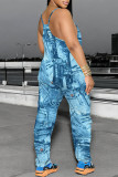 White Grey Casual Faux Denim Print Pocket Contrast U Neck Loose Jumpsuits