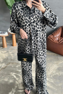 Grey Casual Leopard Print Buckle Strap Design Shirt Collar Long Sleeve Two Pieces