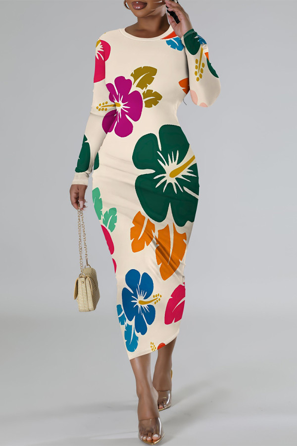 Multi-color Elegant Flowers Print Gradient Contrast O Neck Printed Dresses