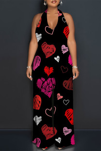 Red Street Love Print Letters Lace Up Backless Contrast Halter Loose Jumpsuits