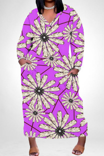 Fuchsia Casual Flowers Love Print Pocket Contrast V Neck Printed Plus Size Dresses