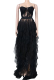 Red Sexy Solid Color Lace See-Through Mesh Strapless Long Dresses