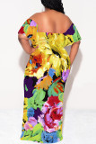 Tibetan Blue Sexy Floral Print fruit Ruffle Contrast Off Shoulder Printed Dresses