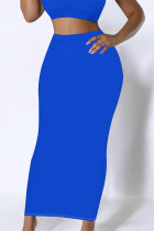 Blue Casual Solid Color Skinny High Waist Solid Color Bottoms