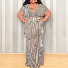 Light Khaki Casual Print Patchwork Strap Design V Neck Long Plus Size Dresses