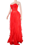 Red Sexy Solid Color Lace See-Through Mesh Strapless Long Dresses