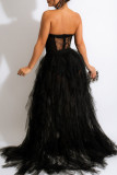 Red Sexy Solid Color Lace See-Through Mesh Strapless Long Dresses