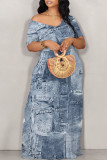 White Grey Street Faux Denim Print Contrast V Neck Printed Dresses