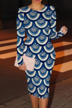 Dark Blue Casual Print Patchwork O Neck Wrapped Skirt Dresses