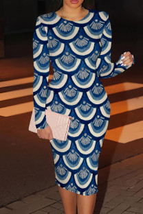 Dark Blue Casual Print Patchwork O Neck Wrapped Skirt Dresses