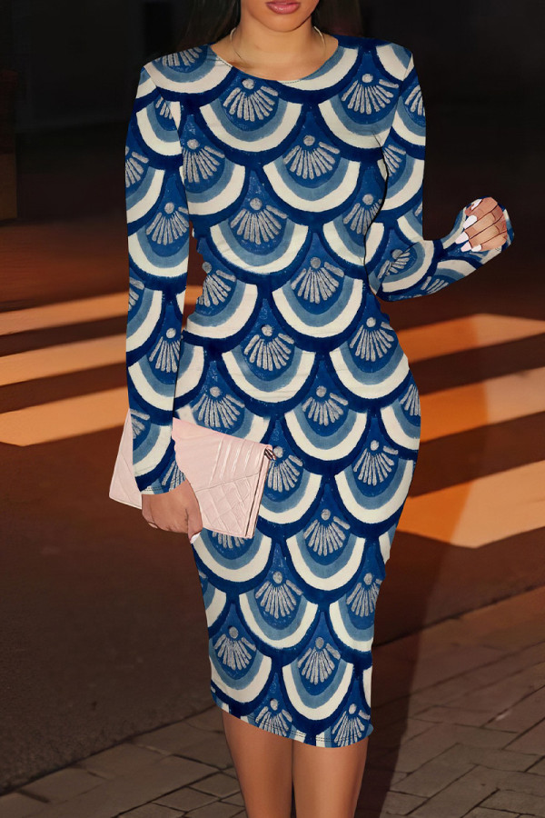 Dark Blue Casual Print Patchwork O Neck Wrapped Skirt Dresses