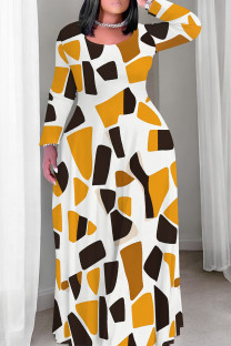 White Orange Casual Print Patchwork O Neck Long Plus Size Dresses