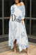 White Blue Casual Letter Print Gradient Pocket Irregular O Neck Irregular Dresses
