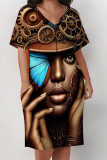 Beige Casual Print portrait Pocket Contrast V Neck Printed Plus Size Dresses