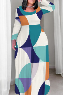 White Green Casual Print Patchwork O Neck Long Plus Size Dresses