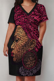 Black Street Letter Print portrait Pocket Contrast V Neck Printed Plus Size Dresses