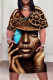 Brown Casual Print portrait Pocket Contrast V Neck Printed Plus Size Dresses