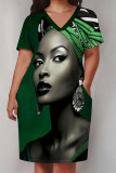 Beige Casual Print portrait Pocket Contrast V Neck Printed Plus Size Dresses