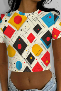 Yellow Red Casual Print Patchwork O Neck T-Shirts