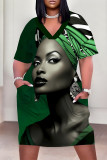 Beige Casual Print portrait Pocket Contrast V Neck Printed Plus Size Dresses