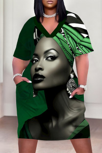 Green Casual Print portrait Pocket Contrast V Neck Printed Plus Size Dresses