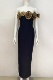 Gold Elegant Slit Flower Shape Oblique Collar Long Dresses