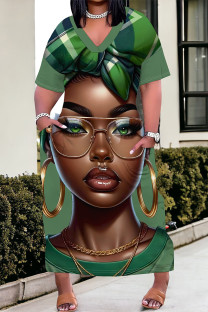 Green Casual Print portrait Pocket Contrast V Neck Printed Plus Size Dresses
