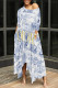 Baby Blue Casual Letter Print Gradient Pocket Irregular O Neck Irregular Dresses