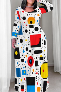 White Red Casual Print Patchwork O Neck Long Plus Size Dresses