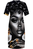 Black Gray Street Cartoon Print portrait Pocket Contrast V Neck Printed Plus Size Dresses