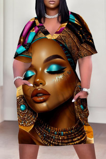 Yellow Casual Print portrait Pocket Contrast V Neck Printed Plus Size Dresses