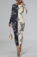 Black Apricot Casual Letter Print Gradient Contrast O Neck Printed Dresses